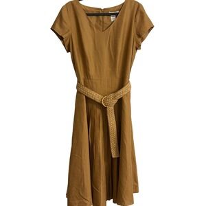 Coldwater Creek Women's Brown Linen Blend V Neck Midi Dress with Belt Size 12